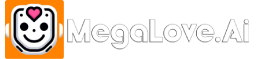 Logo header Mega Love. Ai - Cabeça de robô com um coração sobre a testa.